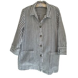 Coldwater Creek Women's Gray‎ Striped 100% Linen 3/4 Sleeve Shirt XL Lagenlook